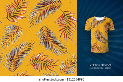 Tropical Aloha Pattern. Vector Hawaiian Exotic Leaf Pattern On Shirt Mockup. Vector Plants Seamless Background. Yellow