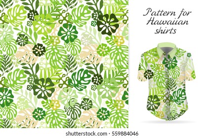 Tropical aloha pattern. Vector Hawaiian exotic flowers pattern on shirt mockup. Vector plants and flowers seamless background. Green color tropical florals. 