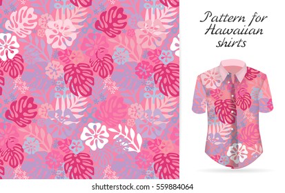 Tropical aloha pattern. Vector Hawaiian exotic flowers pattern on shirt mockup. Vector plants and flowers seamless background. Pink color tropical florals. 