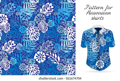 Tropical aloha pattern. Vector Hawaiian exotic flowers pattern on shirt mockup. Vector plants and flowers seamless background. Blue color tropical florals. 