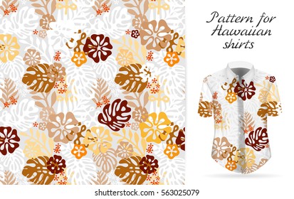 Tropical aloha pattern. Vector Hawaiian exotic flowers pattern on shirt mockup. Vector plants and flowers seamless background. Brown orange color tropical florals. 