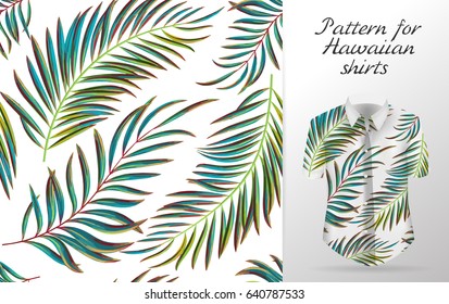 Tropical aloha pattern. Vector Hawaiian exotic leaf pattern on shirt mockup. Vector plants seamless background. Green color palm leaves.