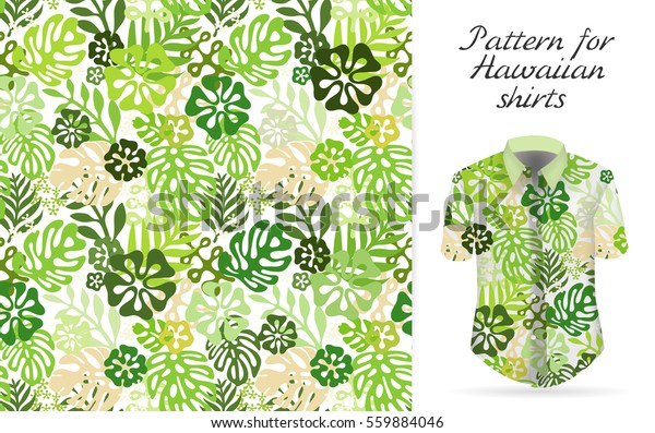 熱帯アロハ柄 シャツの上にベクターハワイのエキゾチックな花柄がモックアップ シームレスな背景にベクター画像の植物と花 緑の色の熱帯花柄 のベクター画像 素材 ロイヤリティフリー