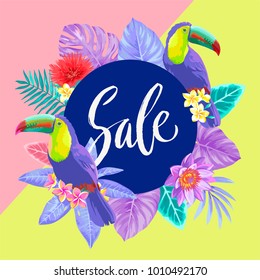 Tropical aloha sale flyer with birds, palm leaves and exotic flowers. Round frame. Vector illustration.