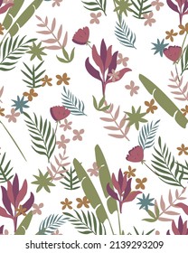 Tropical Aloha seamless vector pattern design for textile, banana leaf, palm leaf, leaf and frangipani flower