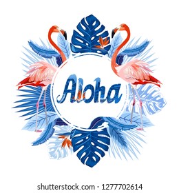 Tropical aloha vector illustration with flamingo, palm leaves and exotic flowers. Round frame. 