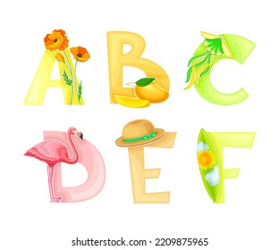 Tropical alphabet. A,B,C,D,E,F English capital letters with exotic flowers, fruit, flamingo bird, straw hat cartoon vector illustration