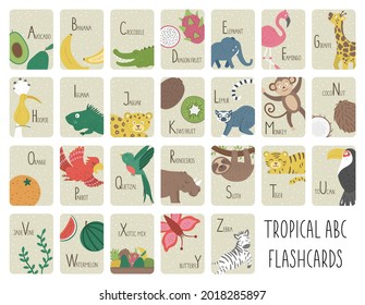 Tropical alphabet cards for children. Cute cartoon ABC set with exotic animals, birds, fruits, insects. Funny jungle flashcards for teaching reading or phonics for kids. English language letters pack
