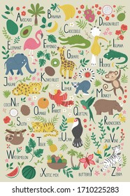 Tropical alphabet for children. Cute flat ABC with jungle animals, fruit, birds, plants. Vertical layout funny poster for teaching reading on beige background