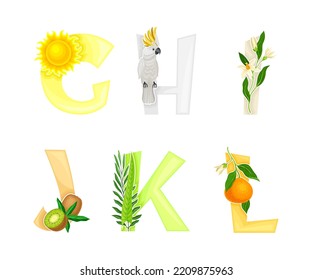Tropical alphabet. G,H,I,J,K,L English capital letters with exotic flowers, fruit, leaves, parrot cartoon vector illustration