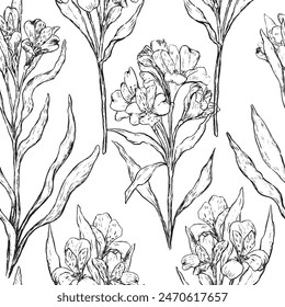 Tropical Alstroemeria flowers ornament. Vintage vector seamless pattern with exotic plant.