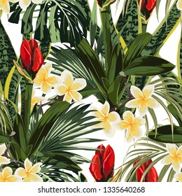Tropical Amaryllis (Hipperastrum) lilies bud, plumeria flowers seamless pattern with bright green leaves on white background. Exotic tropical garden for wedding invitations, greeting card and fashion 