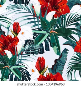 Tropical Amaryllis (Hipperastrum)  lilies flowers seamless pattern with blue leaves on white background. Exotic tropical garden for wedding invitations, greeting card and fashion design.