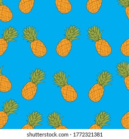 Tropical ananas pineapple fruit seamless pattern on white background. Vector illustration for textile print, wallpaper, fashion design