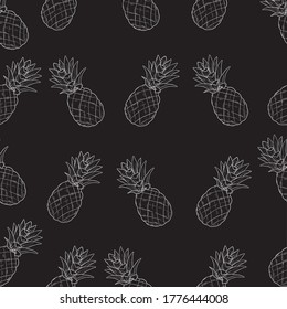 Tropical ananas pineapple fruit seamless pattern on black background. Vector illustration for textile print, wallpaper, fashion design