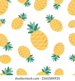 Tropical ananas pineapple fruit seamless pattern on white background. Print for fabric, textile, wrapping paper, greeting card. Vector illustration