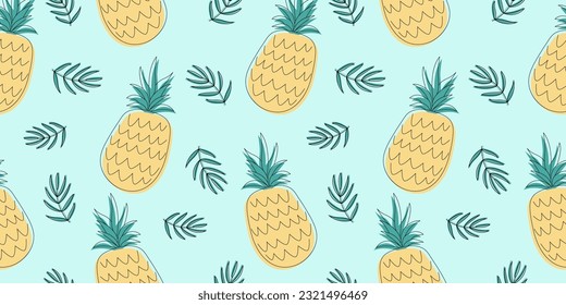 Tropical ananas vector seamless pattern. Can be used for decoration of albums, blog, web sites, postcard, poster. Elements of pineapple and leaves on mint colored background.