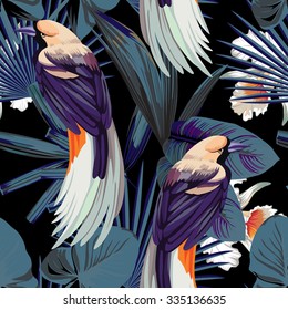 Tropical animal bird, flower orchids and plants. Fashion night style jungle pattern vector seamless background