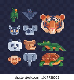 Tropical animal heads isolated vector illustration. Crocodile and turtle icons pixel art set. Video game assets 8-bit sprite sheet. Element design for stickers, logo, embroidery, mobile app. 
