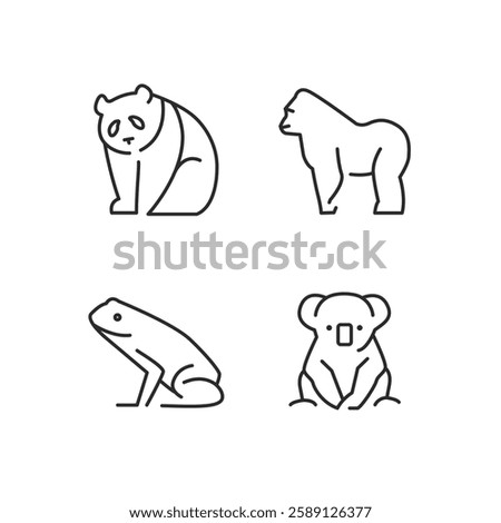 Tropical Animal icons. Set of 4 trendy minimal animal icons. Example: Panda, Coala, Gorilla icons. Design signs for web page, mobile app, packaging design. Vector illustration.