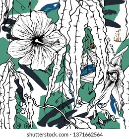 Tropical, animal motif. Black and white Modern summer flower leaf abstract shape brush. Seamless pattern crackle textures. Tropic animal vector background. Watercolor blobs and daubs, ink and stains.
