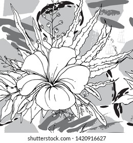Tropical, animal motif. Black and white Modern summer flower leaf abstract shape brush. Seamless pattern crackle textures. Tropic animal vector background. Watercolor blobs and daubs, ink and stains.