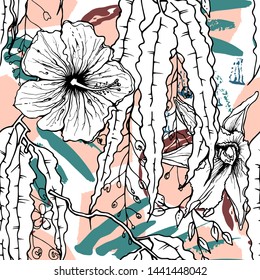 Tropical, animal motif. Black and white Modern summer flower leaf abstract shape brush. Seamless pattern crackle textures. Tropic animal vector background. Watercolor blobs and daubs, ink and stains.