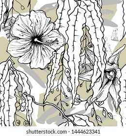 Tropical, animal motif. Black and white Modern summer flower leaf abstract shape brush. Seamless pattern crackle textures. Tropic animal vector background. Watercolor blobs and daubs, ink and stains.
