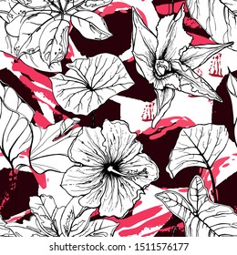 Tropical, animal motif. Black and white Modern summer flower leaf abstract shape brush. Seamless pattern crackle textures. Tropic animal vector background. Watercolor blobs and daubs, ink and stains.