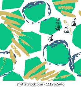 Tropical, animal motif. Seamless pattern crackle textures. Modern summer leaf on abstract shape brush. Contrast vector background. Watercolor blobs and daubs, ink and stains.