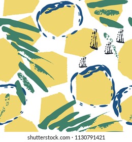 Tropical, animal motif. Seamless pattern crackle textures. Modern summer leaf on abstract shape brush. Contrast vector background. Watercolor blobs and daubs, ink and stains.