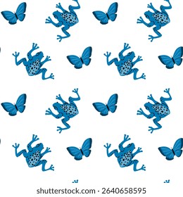 Tropical animal pattern with blue frogs and butterflies for design and decoration.