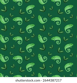Padrão animal tropical com camaleões e insetos em tons verdes.