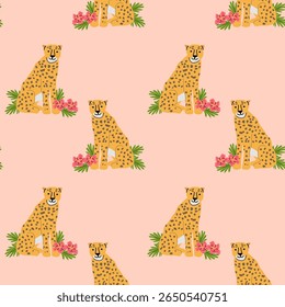 Tropical animal pattern with cheetahs and floral elements for creative designs.