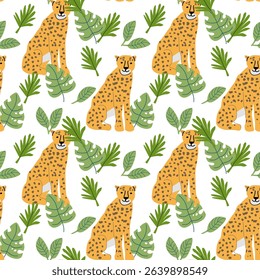 Tropical animal pattern with cheetahs and greenery for textile and wallpaper design.