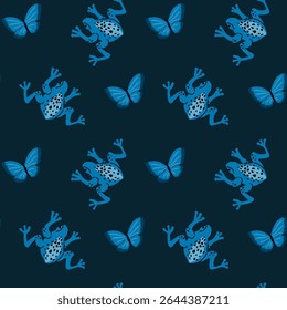 Tropical animal pattern featuring frogs and butterflies for design projects.