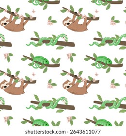 Tropical animal pattern with sloths and chameleons on branches for textile or wallpaper design.