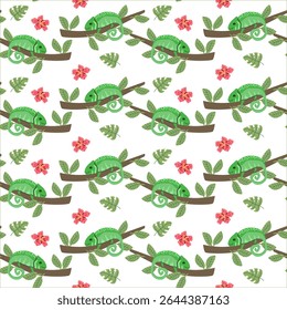 Tema animal tropical com camaleões e flores exóticas para design têxtil e papel de parede.