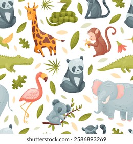 Tropical Animal and Wild African Fauna Seamless Pattern Vector Template