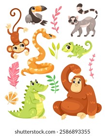 Tropical Animal and Wild African Fauna with Leaves Vector Set