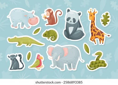 Tropical Animal and Wild African Fauna with Leaves Vector Set