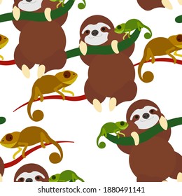 Tropical animals in abstract style on colorful background. Abstract background. Color cartoon vector. Watercolor abstract. Vintage vector illustration. Botanical print. Sloth, chameleon, toucan