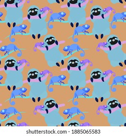 Tropical animals in abstract style on colorful background. Abstract background. Color cartoon vector. Watercolor abstract. Vintage vector illustration. Botanical print. Sloth, chameleon, toucan