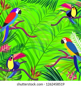 Tropical animals birds parrot and toucan on branch exotic floral banana palm beach tree. Seamless vector wallpaper pattern flower Strelitzia.Decorative abstract design on a UFO acidic green background
