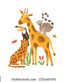 Tropical animals flat vector illustration. Exotic fauna, wildlife. Cartoon giraffe, monkey, lemur, toucan and leopard. Tropical forest and savanna inhabitants isolated on white background.