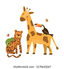 Tropical animals flat vector illustration. Exotic fauna, wildlife. Cartoon giraffe, chameleon, toucan and leopard. Tropical forest and savanna inhabitants isolated on white background.