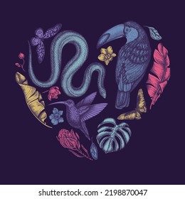 Tropical animals heart vintage design. Hand drawn snake, hummingbird, toucan, african giant swallowtail, monstera, banana palm leaves, protea, phalaenopsis.