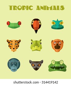 Tropical Animals isolated vector collection. Flat design icon of tropical animals.