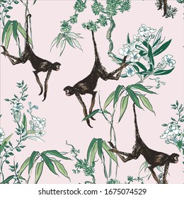 Tropical Animals in Jungle Chinoiserie Oriental Seamless Pattern Monkeys in Floral Trees on Pink Background