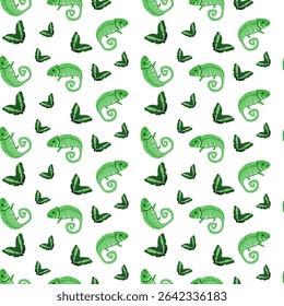 Tropical animals pattern with green chameleons and butterflies for nature-themed designs.